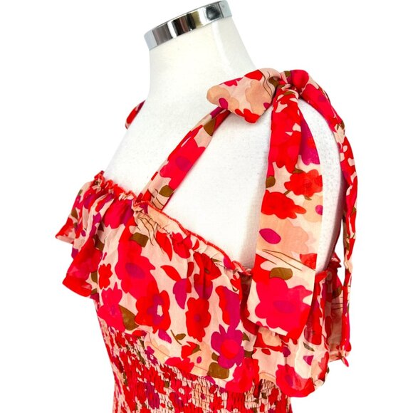 TCEC Red Pink Floral Smocked Mini Dress Ruffle Hem Tie Straps Size Large - Picture 4 of 12